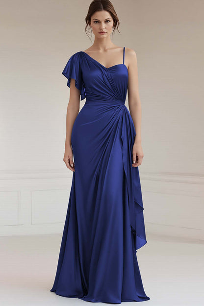 One Shoulder A Line Ruched Grey Blue Formal Dress