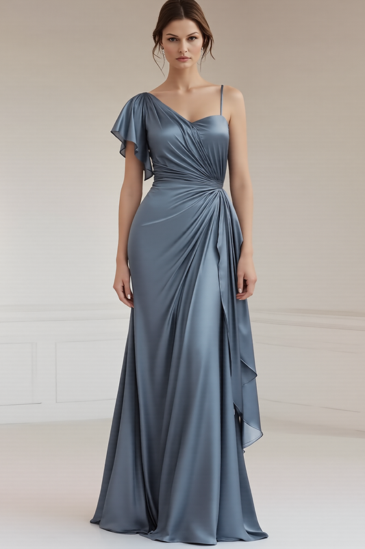 One Shoulder A Line Ruched Grey Blue Formal Dress