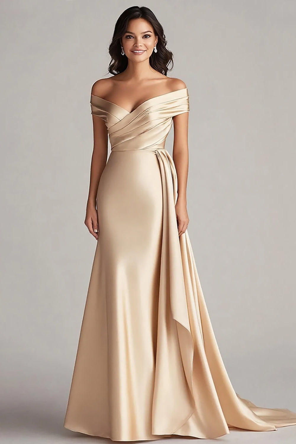 Off The Shoulder Champagne Long Formal Dress