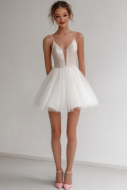 Sparkly Ivory Spaghetti Straps Short A Line Graduation Dress with Sequins