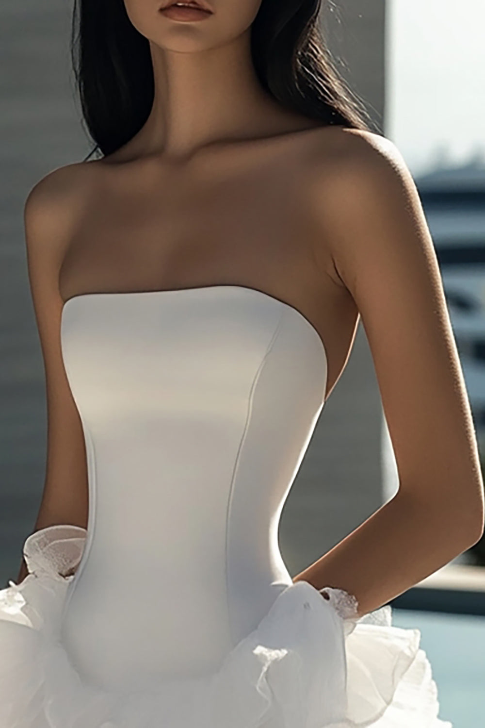 White A Line Strapless Short Satin Graduation Dress with Ruffles VOS LEE White A Line Strapless Short Satin Graduation Dress with Ruffles VOS LEE
