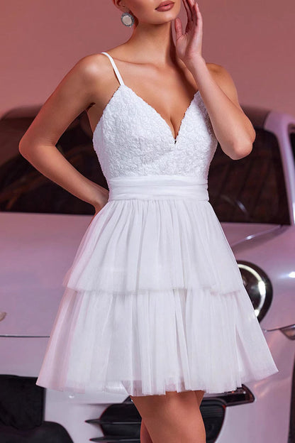 White Tulle A Line Tiered Short Homecoming Dress with Ruffles