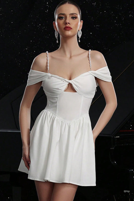White Satin A Line Cold Shoulder Short Homecoming Dress with Keyhole