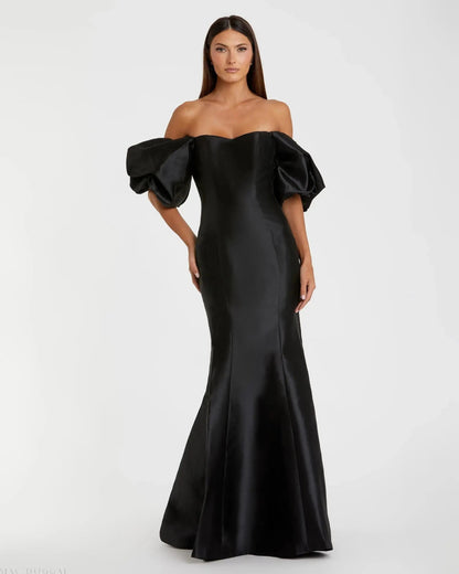Chartreuse Off-the-Shoulder Puff Sleeve Mermaid Evening Gown
