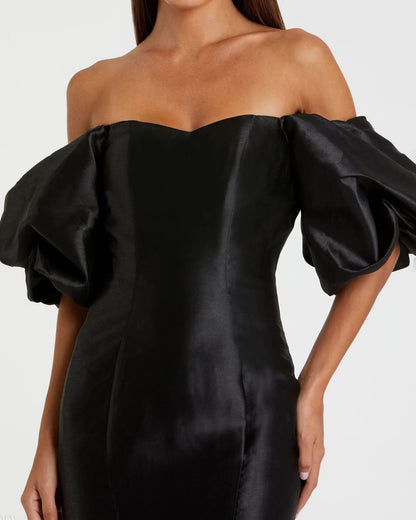 Chartreuse Off-the-Shoulder Puff Sleeve Mermaid Evening Gown