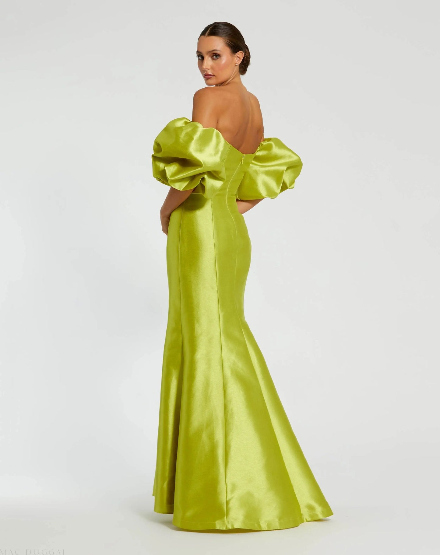 Chartreuse Off-the-Shoulder Puff Sleeve Mermaid Evening Gown