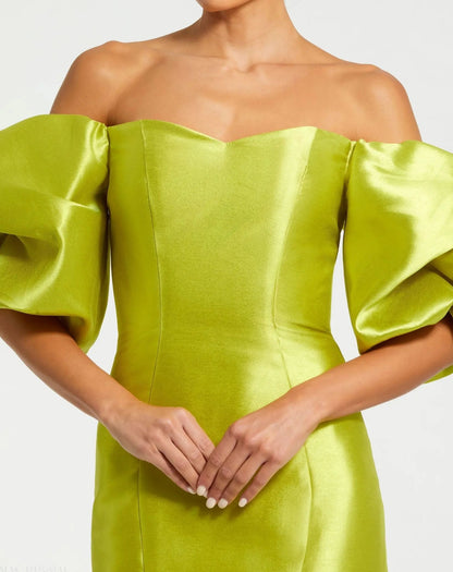 Chartreuse Off-the-Shoulder Puff Sleeve Mermaid Evening Gown