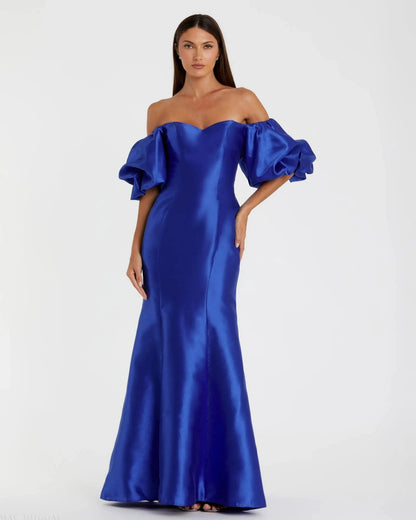 Chartreuse Off-the-Shoulder Puff Sleeve Mermaid Evening Gown