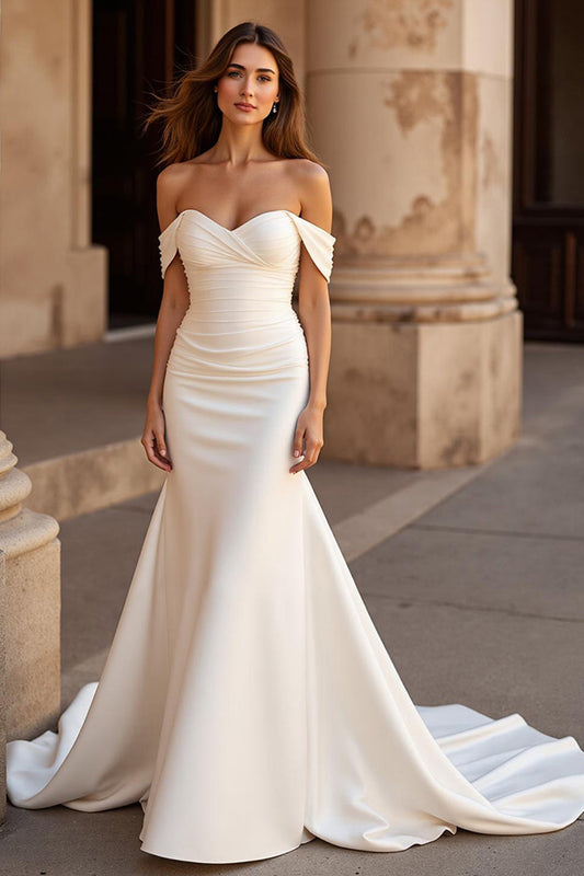 Off the Shoulder Ruched Satin Mermaid Ivory Wedding Dress