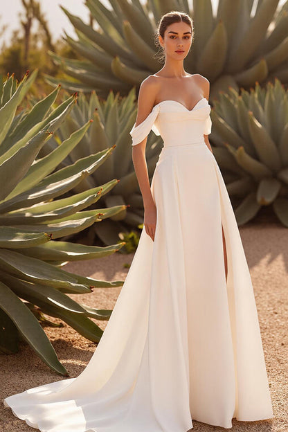 Ruched A Line Off the Shoulder Court Train Ivory Wedding Dress