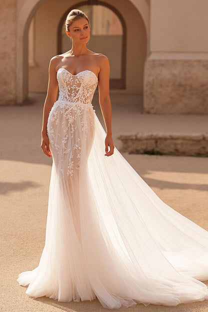 A Line Strapless Court Train Ivory Wedding Dress