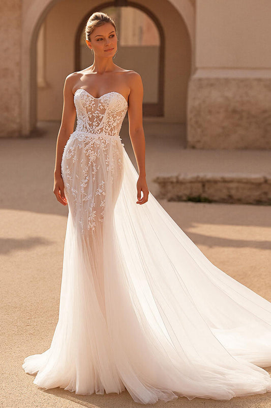 A Line Strapless Court Train Ivory Wedding Dress