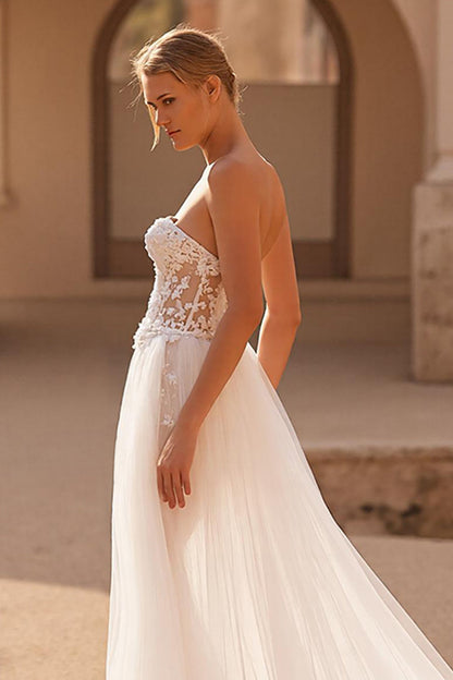 A Line Strapless Court Train Ivory Wedding Dress