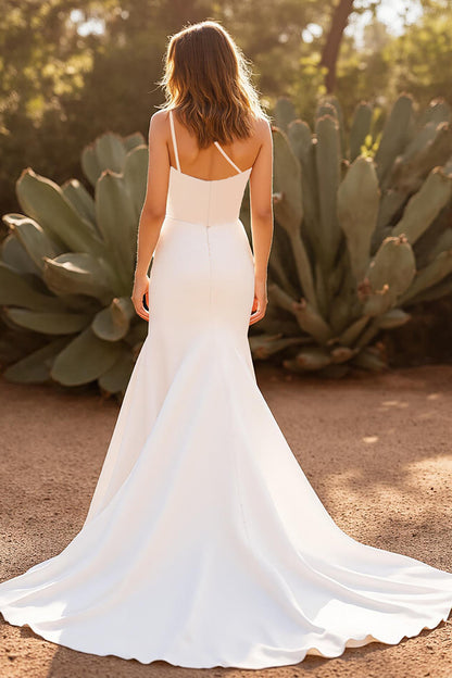 Ivory One Shoulder Simple Satin Mermaid Wedding Dress with Slit