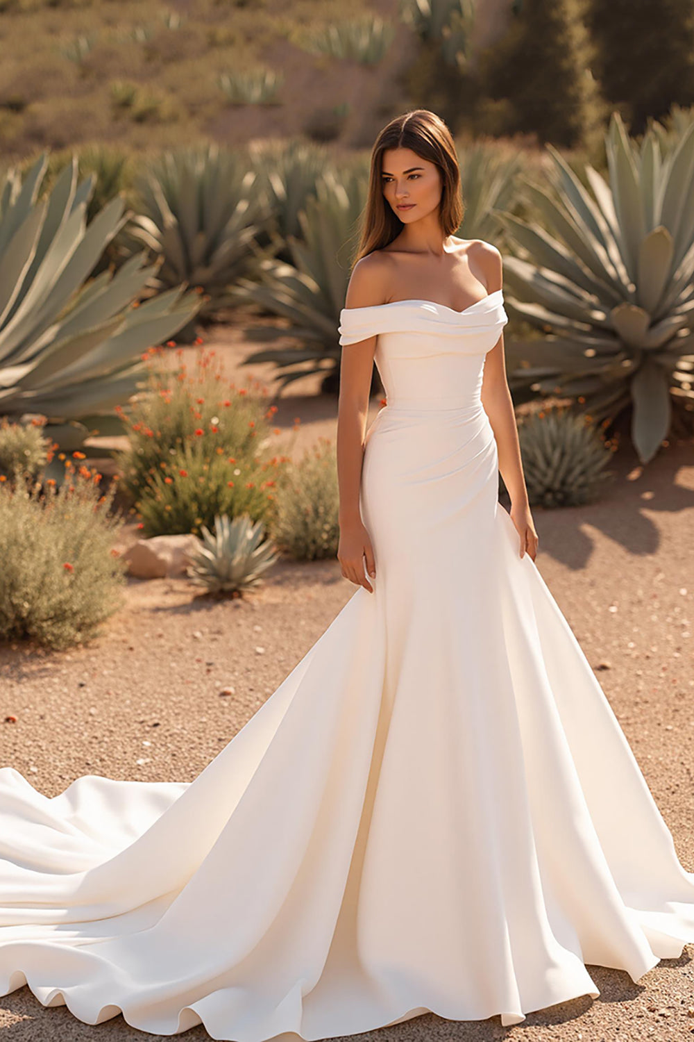 Ivory Satin Mermaid Off the Shoulder Court Train Wedding Dress