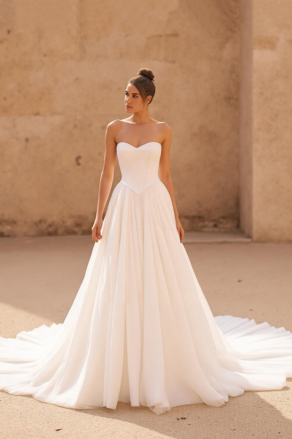 Ivory Organza A Line Strapless Chapel Train Wedding Dress
