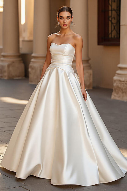 Simple A Line Strapless Court Train Ivory Wedding Dress