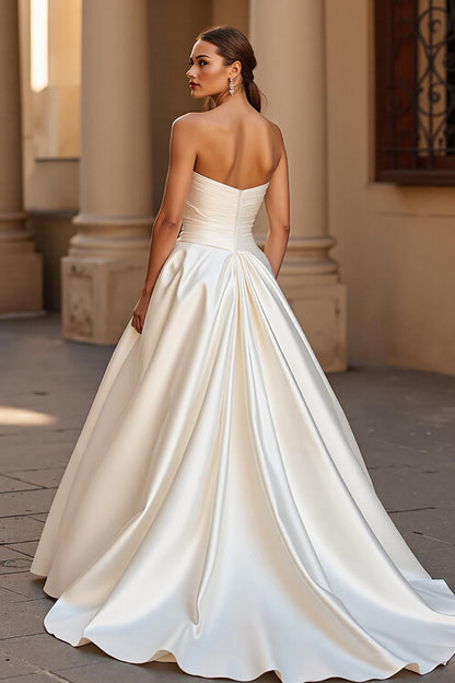 Simple A Line Strapless Court Train Ivory Wedding Dress