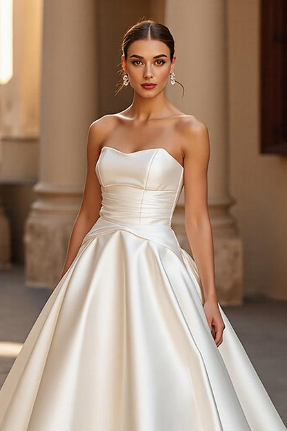 Simple A Line Strapless Court Train Ivory Wedding Dress