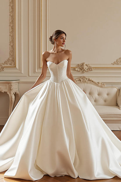 Ivory A Line Strapless Chapel Train Wedding Dress with Lace