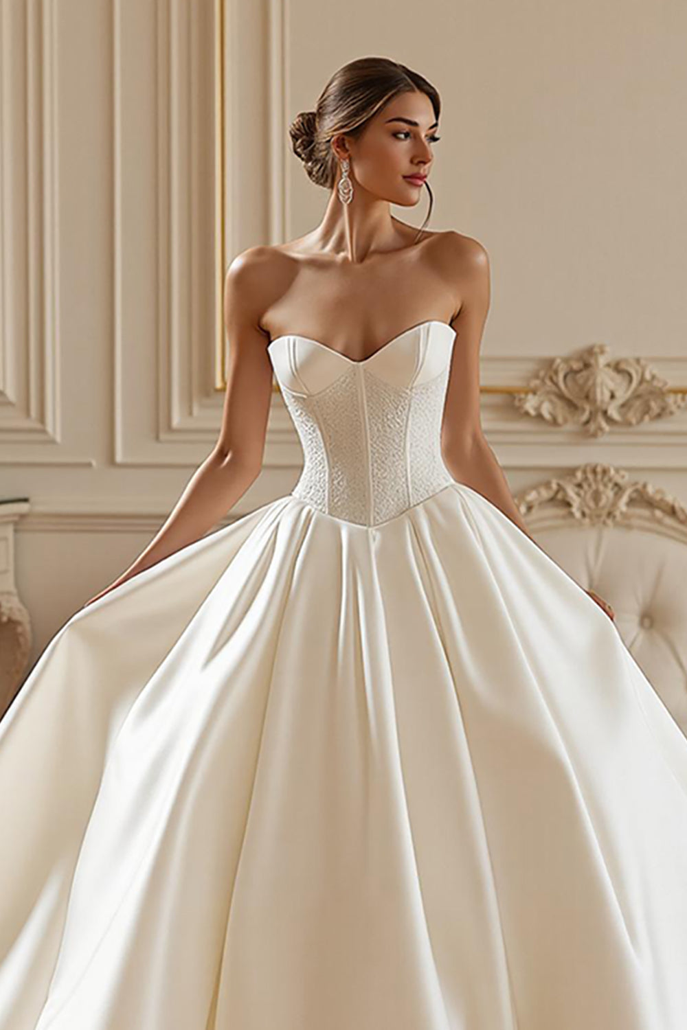 Ivory A Line Strapless Chapel Train Wedding Dress with Lace