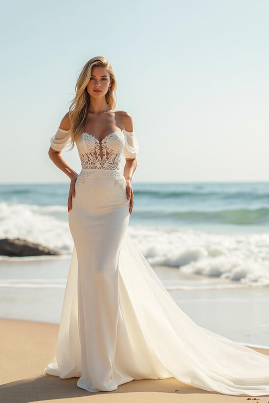 Off the Shoulder Chiffon Mermaid Ivory Wedding Dress with Lace Appliques