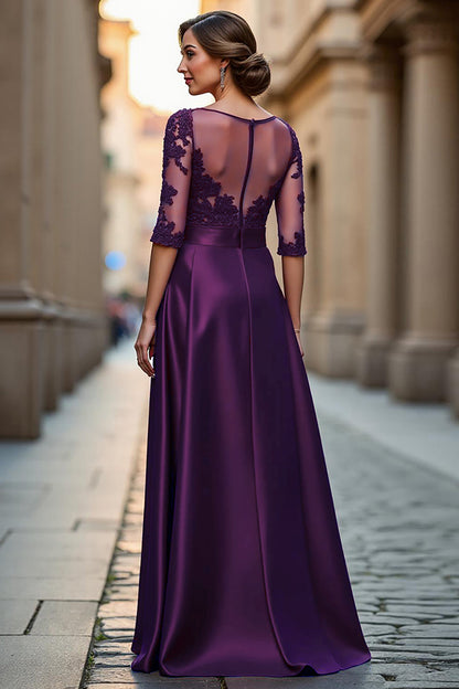 Dark Red A Line Illusion Neck Long Mother of the Bride Dress with Lace Appliques