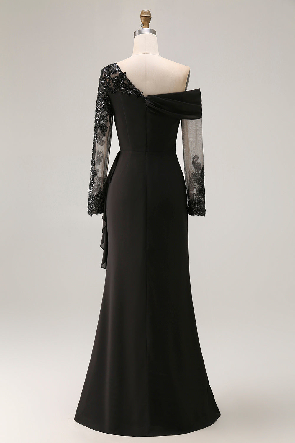 Sheath Asymmetrical Long Black Mother of the Bride Dress with Lace Appliques