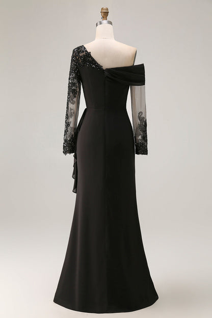 Sheath Asymmetrical Long Black Mother of the Bride Dress with Lace Appliques
