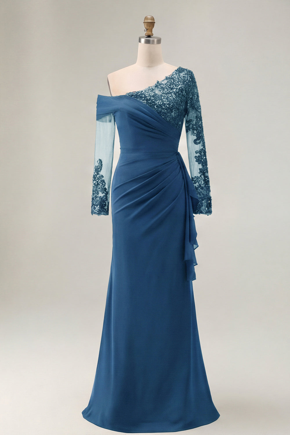 Sheath Asymmetrical Long Black Mother of the Bride Dress with Lace Appliques