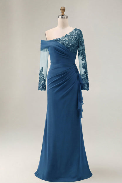 Sheath Asymmetrical Long Black Mother of the Bride Dress with Lace Appliques