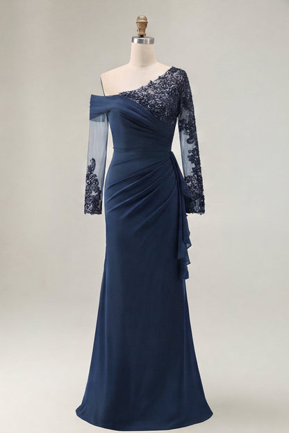 Sheath Asymmetrical Long Black Mother of the Bride Dress with Lace Appliques