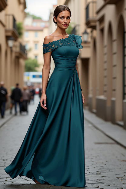 Burgundy A-Line Asymmetrical Neck Long Mother Of Bride Dress with Appliques