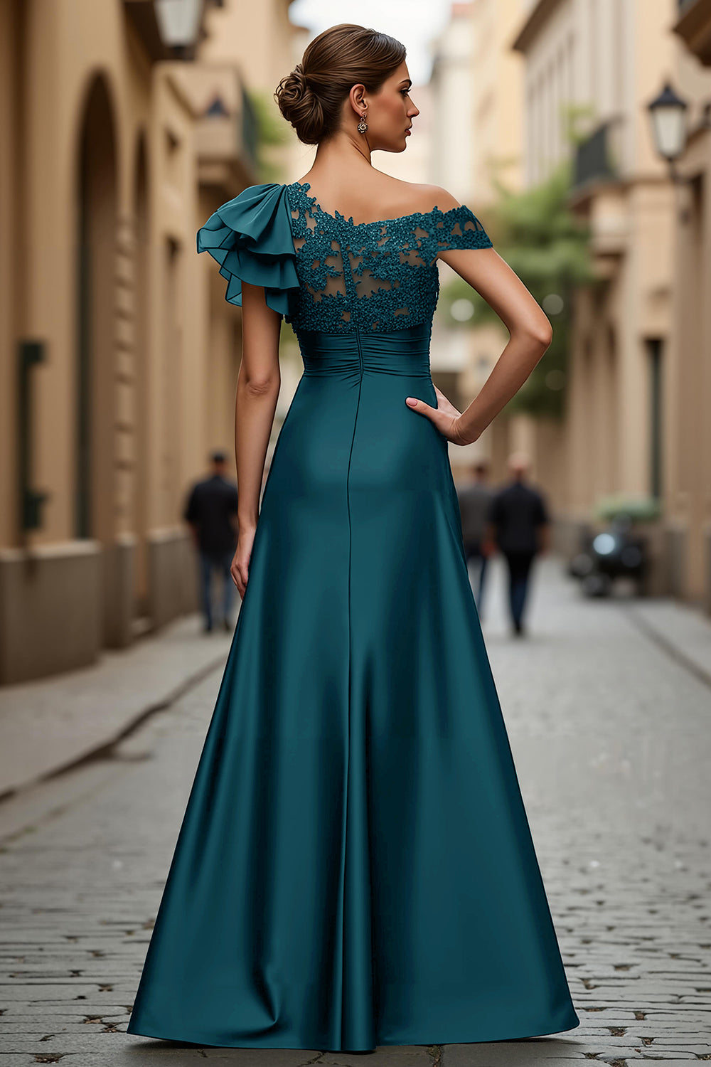 Burgundy A-Line Asymmetrical Neck Long Mother Of Bride Dress with Appliques