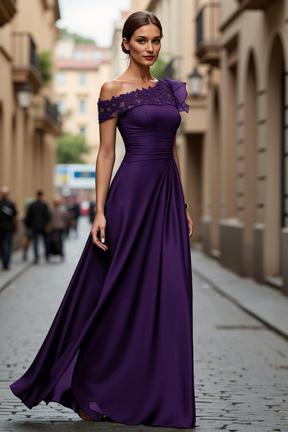 Burgundy A-Line Asymmetrical Neck Long Mother Of Bride Dress with Appliques