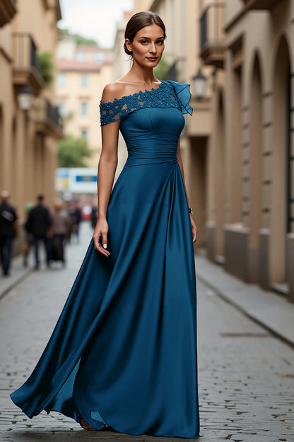 Burgundy A-Line Asymmetrical Neck Long Mother Of Bride Dress with Appliques