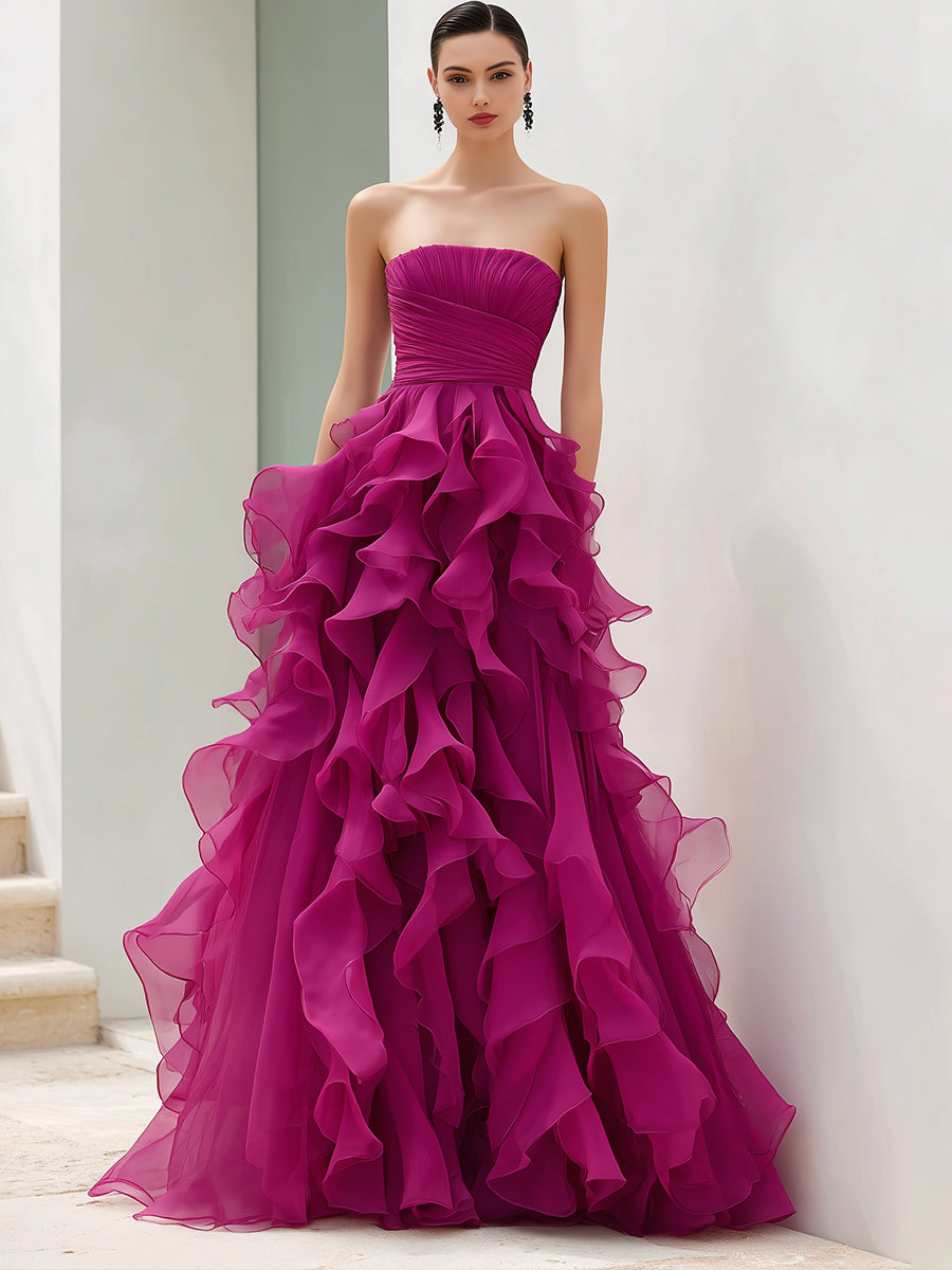 Strapless Magenta Ruffled Organza Ball Gown