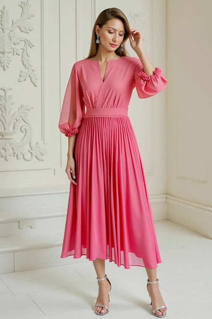 Hot Pink A Line Pleated Chiffon Wedding Guest Dress