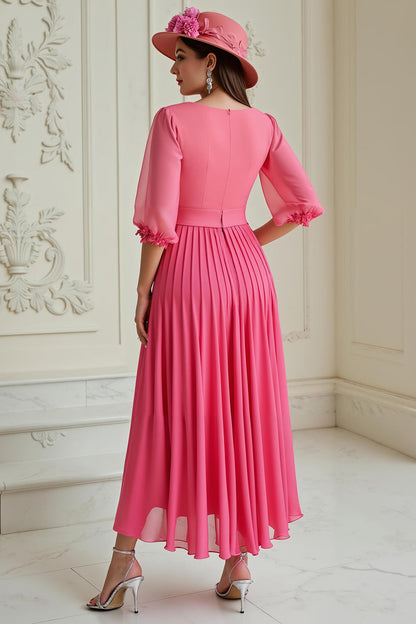 Hot Pink A Line Pleated Chiffon Wedding Guest Dress