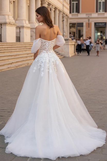 Off The Shoulder Ivory Appliqued A Line Sweep Train Wedding Dress