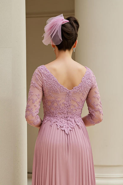Dusty Rose A-Line V-Neck 3/4 Sleeves Mother of the Bride Dress with Appliques