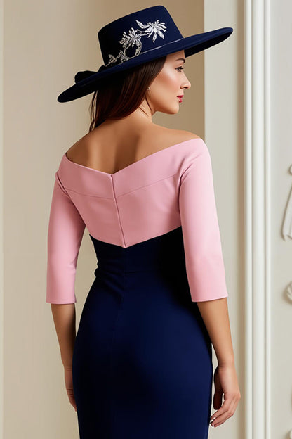 Navy Off The Shoulder 3/4 Sleeve Mother of the Bride Dress with Lace Appliques