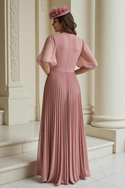 Dusty Rose A-Line V-Neck Chiffon Long Mother of the Bride Dress with Ruffles
