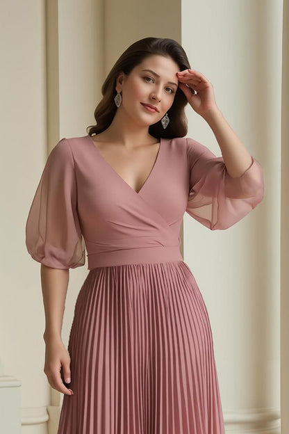 Dusty Rose A-Line V-Neck Chiffon Long Mother of the Bride Dress with Ruffles