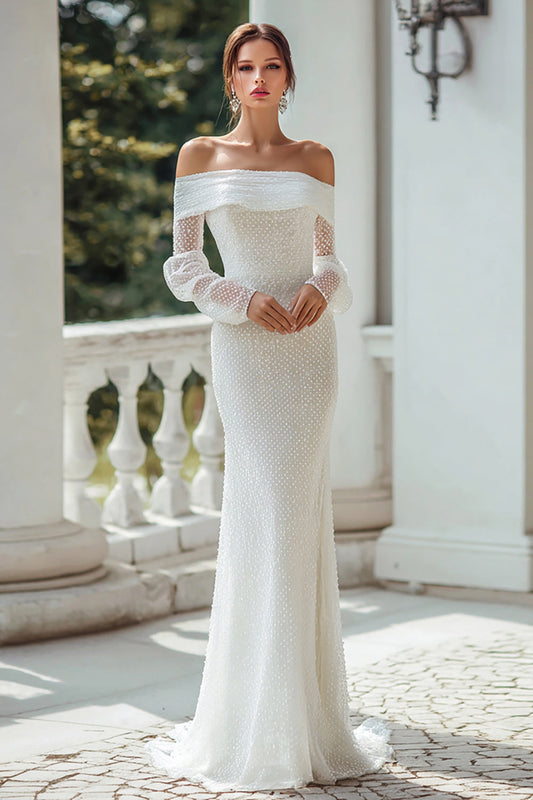 Off The Shoulder Ivory Sheath Long Sleeves Wedding Dress