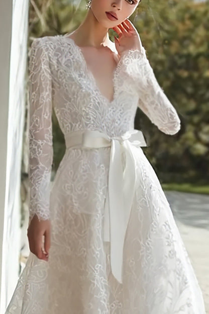 Lace Ivory V-Neck Long Sleeves Wedding Dress with Belt