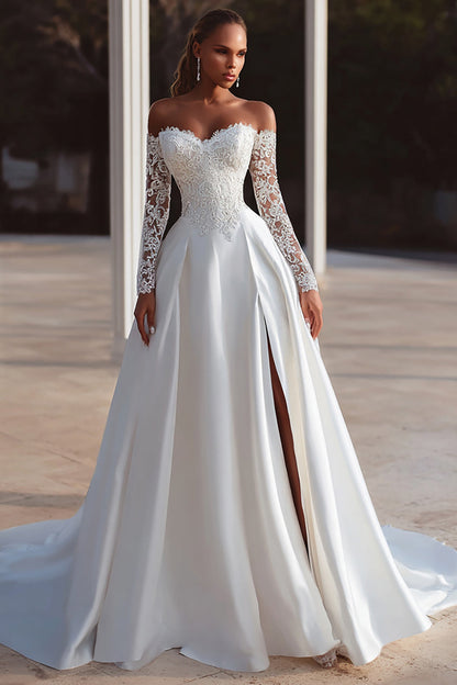 Off The Shoulder Ivory A Line Wedding Dress with Lace
