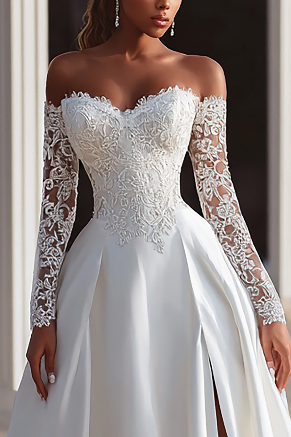 Off The Shoulder Ivory A Line Wedding Dress with Lace
