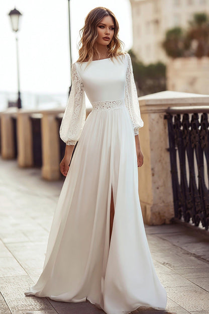 Ivory Long Sleeve A Line Lace Wedding Dress with Slit