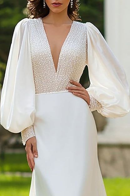 Ivory Long Sleeve Mermaid Beaded Wedding Dress